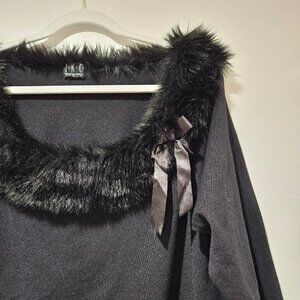 70s Retro Vintage INC BLACK BOATNECK FAUX FUR TRIM SWEATER 16/18
